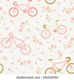 Seamless pattern design: flowers and bicycles on light pink background.