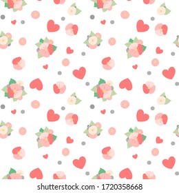 Seamless pattern for design with flowers and hearts. Suitable for printing on fabric, paper packaging, wallpaper, business cards.Printing on fabric, paper packaging, wallpaper, business cards.