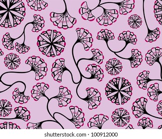 A seamless pattern design of flowers spores spread around, illustrated with contemporary style.