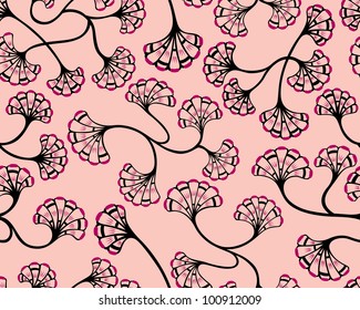 A seamless pattern design of flowers spores spread around, illustrated with contemporary style.