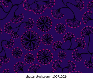 A seamless pattern design of flowers spores spread around, illustrated with contemporary style.