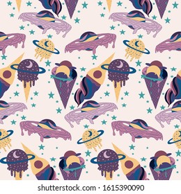 seamless pattern design with galactic ice. ream planets and ice cream and celestials, perfect to use on the web or in print
