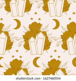 seamless pattern design with gems, flowers and celestials, perfect to use on the web or in print