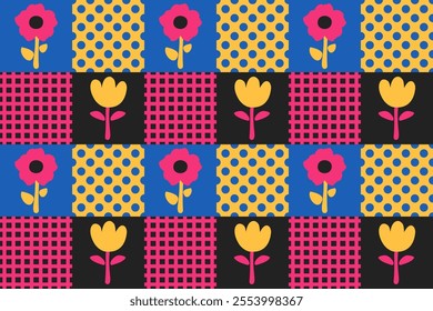 Seamless pattern design with geometric and abstract. seamless pattern flower, dot, shapes, circle, square. design for fabric, cotton, wallpaper, satin, carpet.	