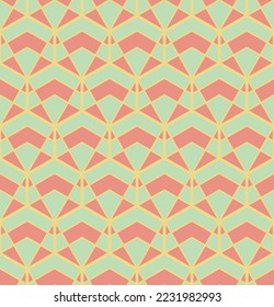Seamless pattern design with with geometric shapes such as triangles, rhombuses and hexagons with yellow, green and pastel pink colors