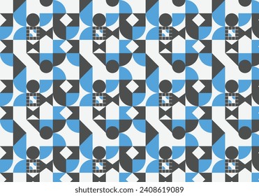 seamless pattern design with geometric shapes, vector graphics, blue, grey and white color