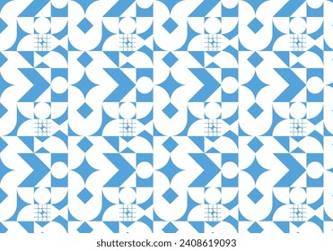 seamless pattern design with geometric shapes, vector graphics, blue and white color