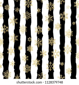 Seamless pattern design. Gold glittering snowflakes on black and white striped background. EPS 10