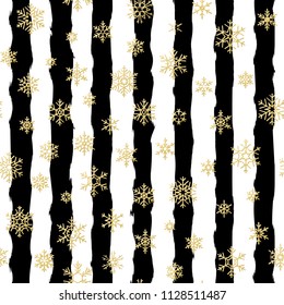 Seamless pattern design. Gold glittering snowflakes on black and white striped background. EPS 10