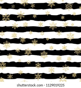 Seamless pattern design. Gold glittering snowflakes on black and white striped background. EPS 10