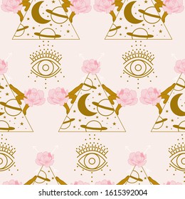 seamless pattern design with golden hands, flowers, diamonds and evil eye, perfect to use on the web or in print