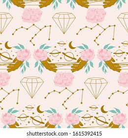 seamless pattern design with golden hands and flowers and celestial elements, perfect to use on the web or in print