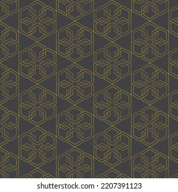 Seamless pattern design of golden hexagon shapes thread each other on black background vector.