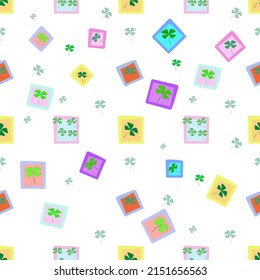 Seamless pattern design of green leaves in yellow  blue light green and pink square blocks.
For decoration wallpaper wrapping paper books toys fabrics and tablecloths.
With copy space.