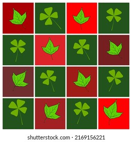 Diseño de patrones de hojas verdes en bloques cuadrados rojos y verdes oscuros. Para la decoración, papel pintado envuelve libros de papel con telas y manteles. Con espacio de copia.