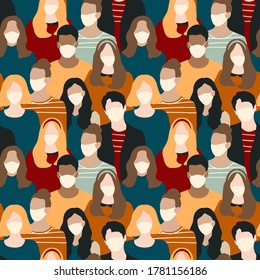 Seamless pattern design group of peoples wearing mask. Corona virus. Pandemic. Covid-19. For poster, banner, wallpaper, background or fabric print. Trendy design concept.