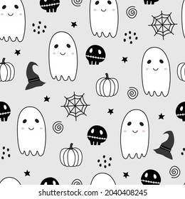 Seamless pattern design for Halloween. Halloween symbol background with ghost, witch hat, spider. Cartoon style hand drawn Design for print, wallpaper, decoration, textile. vector illustration