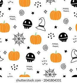 Nahtloses Muster-Design zu Halloween. Halloween Symbol Hintergrund mit Geist, Kürbis, Hexenhut, Spinne, handgezeichnet, Cartoon-Stil, Print-Design, Tapete, Dekoration, Textil, Vektorgrafik.