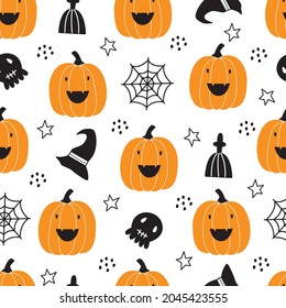 Seamless pattern design for Halloween. Halloween symbol background with ghost, pumpkin, spider. Cartoon style hand-drawn. Design for print, wallpaper, decoration, textile, vector illustration.