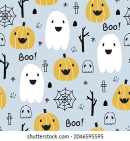 Seamless pattern design for Halloween. Halloween symbol background with ghost, pumpkin, spider. Cartoon style hand-drawn. Design for print, wallpaper, decoration, textile, vector illustration.