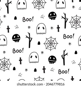 Diseño de patrones impecable para Halloween. Símbolo de Halloween fondo con fantasma, araña, estilo dibujado a mano en dibujos animados. diseño para impresión, fondo de pantalla, ilustración vectorial de decoración de partido