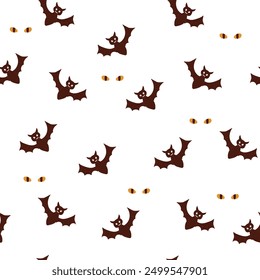 Seamless pattern design with Halloween theme, background with elements cat, skull, ghost, potion, bat, moon, crescent, pumpkins, stars, eyes and candy