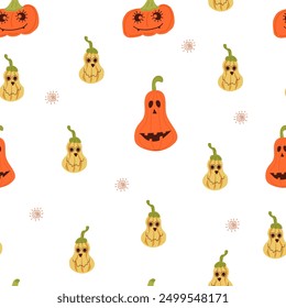 Seamless pattern design with Halloween theme, background with elements cat, skull, ghost, potion, bat, moon, crescent, pumpkins, stars, eyes and candy