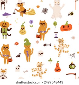 Seamless pattern design with Halloween theme, background with elements cat, skull, ghost, potion, bat, moon, crescent, pumpkins, stars, eyes and candy