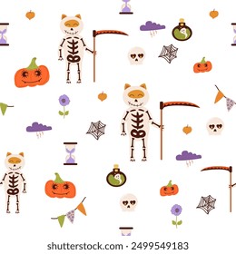 Seamless pattern design with Halloween theme, background with elements cat, skull, ghost, potion, bat, moon, crescent, pumpkins, stars, eyes and candy