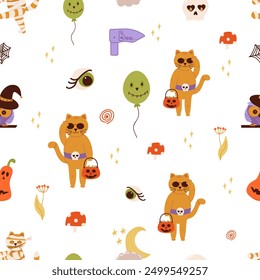 Seamless pattern design with Halloween theme, background with elements cat, skull, ghost, potion, bat, moon, crescent, pumpkins, stars, eyes and candy