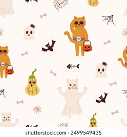 Seamless pattern design with Halloween theme, background with elements cat, skull, ghost, potion, bat, moon, crescent, pumpkins, stars, eyes and candy