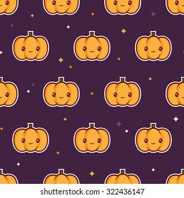 A seamless pattern design of the Halloween theme. Vector background with cute kawaii pumpkin characters for wrapping paper