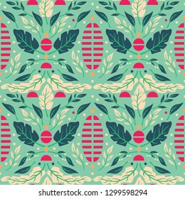 Seamless pattern design with hand drawn flowers and floral elements, vector illustration