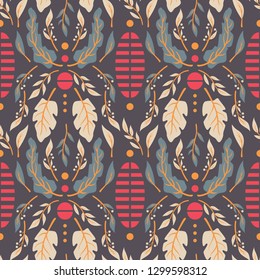 Seamless pattern design with hand drawn flowers and floral elements, vector illustration