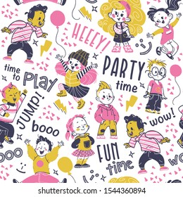 Seamless pattern design, hand drawn multiethnic happy kids smiling, jumping isolated and lettering. Kids zone banner, packaging paper, party card invitation, gift decor. Hand drawn vector illustration