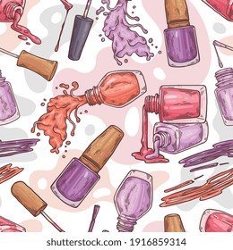 Seamless pattern design with hand drawn nail lacquer bottles, sketch vector illustration. Nail enamel colorful bottles in wrapping or endless textile print.