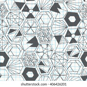 Seamless pattern design with hand drawn doodle hexagons, various zen shapes sloppy lines and geometric ornaments on checkered background, perfect for all web and print purposes.
