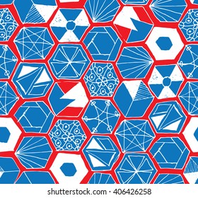 Seamless pattern design with hand drawn doodle hexagons, various zen shapes sloppy lines and geometric ornaments, perfect for all web and print purposes.
