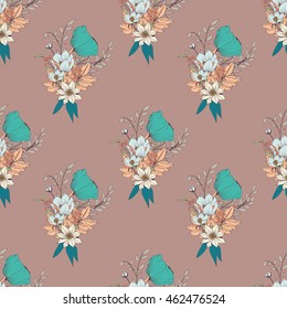 Seamless pattern design with hand drawn flowers and floral elements, vector illustration