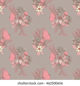 Seamless pattern design with hand drawn flowers and floral elements, vector illustration