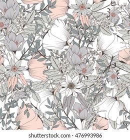 Seamless pattern design with hand drawn flowers and floral elements, vector illustration