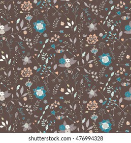Seamless pattern design with hand drawn flowers and floral elements, vector illustration
