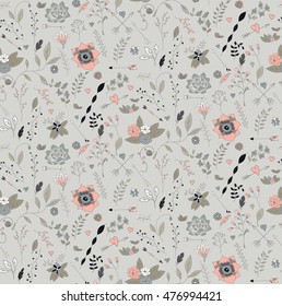 Seamless pattern design with hand drawn flowers and floral elements, vector illustration
