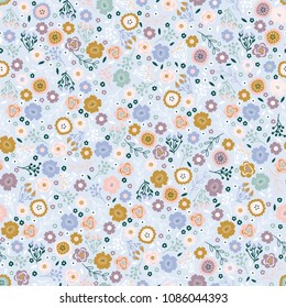 Seamless pattern design with hand-drawn abstract flowers and floral elements on a blue background. Vector illustration.