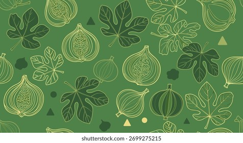 Seamless pattern design with hand-drawn figs and leaves on a solid green background for a fresh, nature-inspired textile print.
