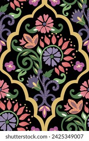 Seamless Pattern Design, Hand-drawn Paisley Style. Pattern with ornamental flowers. Filigree ornament in pastel colors. Template for wallpaper, textile, shawl, carpet and any surface.