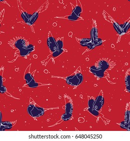 Seamless pattern design with handrawn single line birds, artistic doodle line art repeating background created on digital drawing tablet