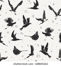 Seamless pattern design with handrawn single line birds, artistic doodle line art repeating background created on digital drawing tablet