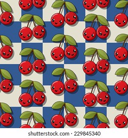 Seamless pattern design with happy smiling cherries