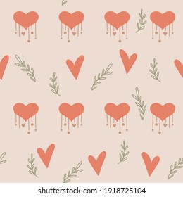 Seamless pattern design with hearts and floral branches. Vector illustration.